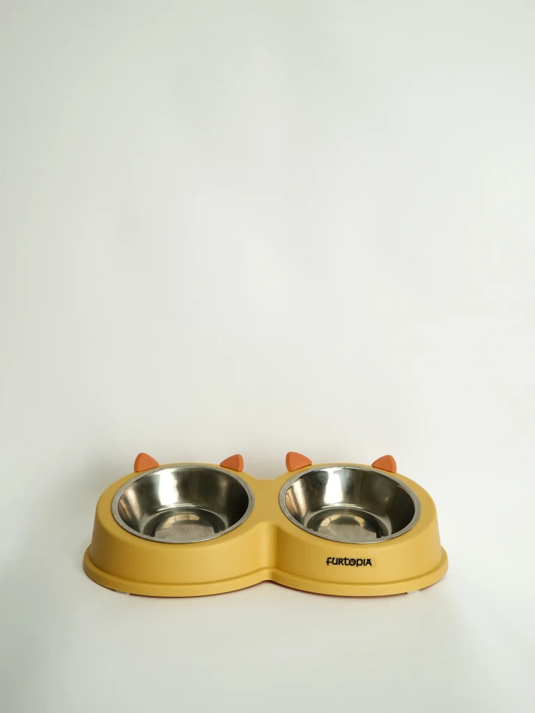 Close-up of the Cat Ear Double Pet Bowl, highlighting the shallow, wide bowls that prevent whisker fatigue.