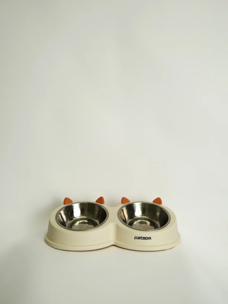 Angled view of the modern pet feeder showing the whisker-friendly bowl depth and decorative cat ear accents.