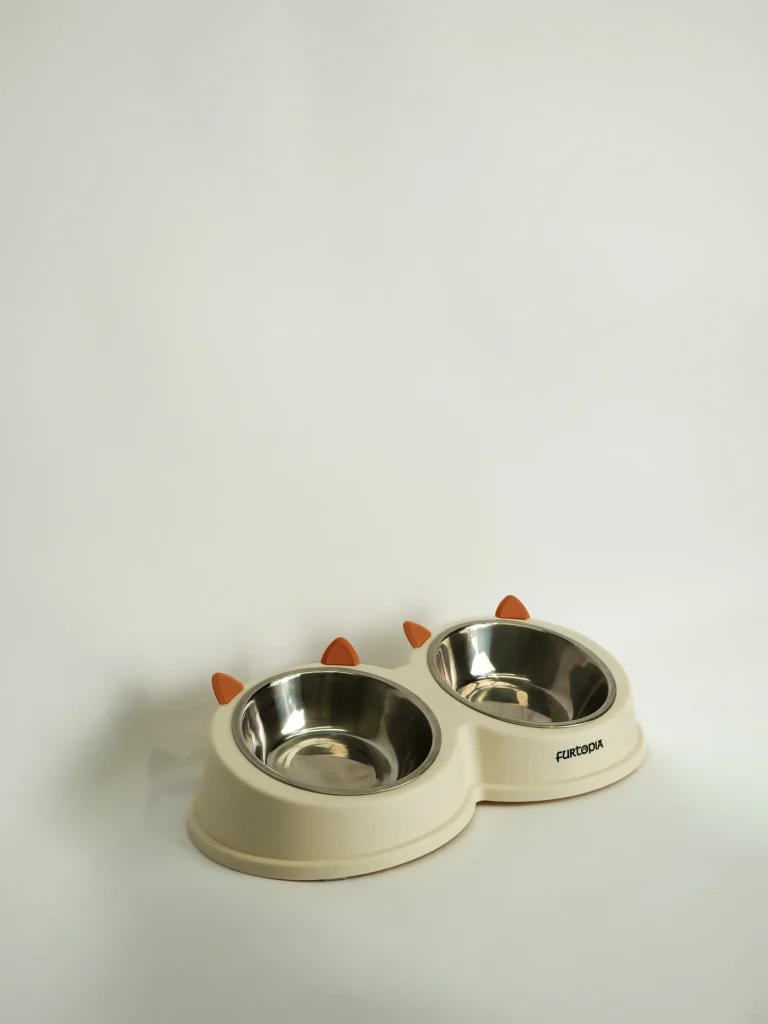 A clean, minimalist shot of the Cat Ear Double Pet Bowl, focusing on the easy-to-clean smooth surface.