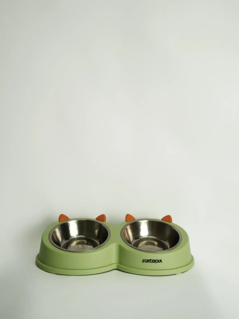 Top-down perspective of the Cat Ear Double Pet Bowl, emphasizing the side-by-side separation of food and water.