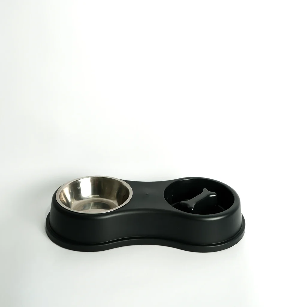 Close-up of the raised maze design on the Furtopia double feeder, engineered to prevent fast eating and bloating.