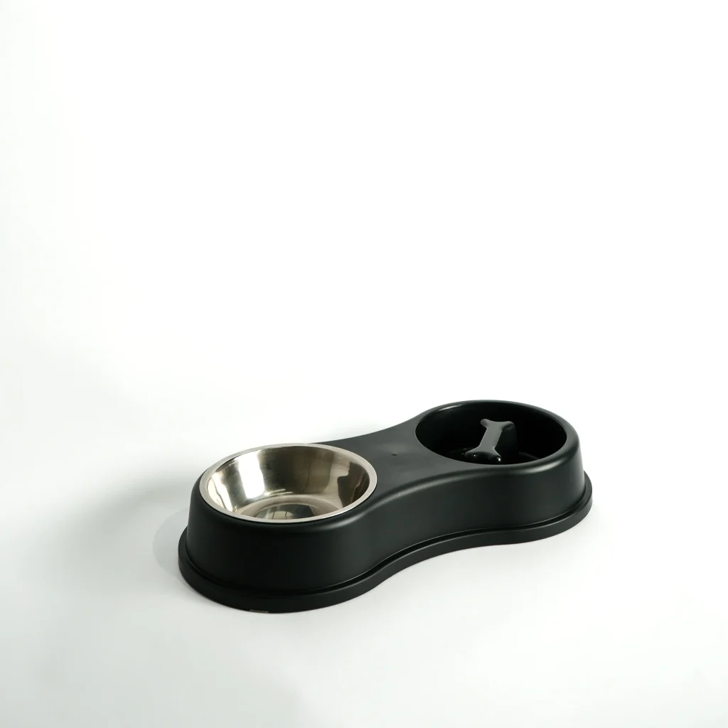A professional studio shot of the Double Pet Bowl with Slow Feeder featuring a non-slip base for mess-free pet dining.