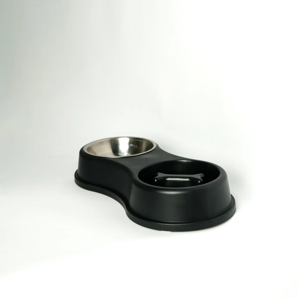 Overhead view of the Furtopia Double Pet Bowl with Slow Feeder showing the maze insert and stainless steel water bowl.