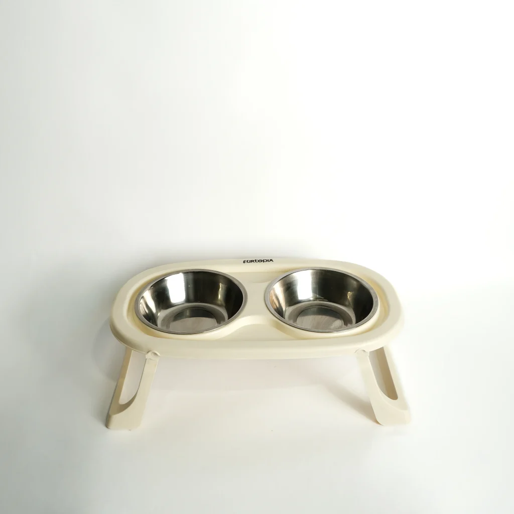 Top-down view of the Elevated Double Pet Feeding Bowl – Cream, featuring the stable dual-bowl layout for food and water.