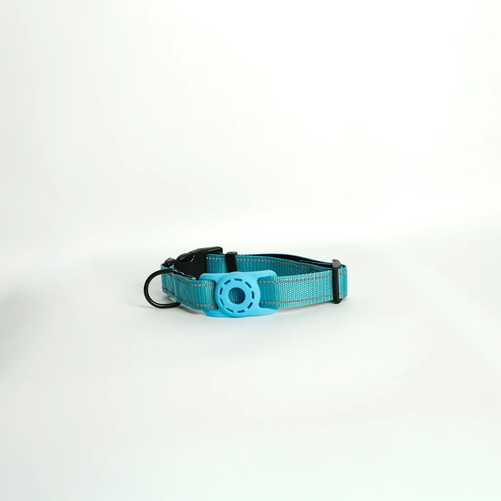 Close-up of this adjustable pet tracker collar in blue, highlighting the lightweight material and stitching.