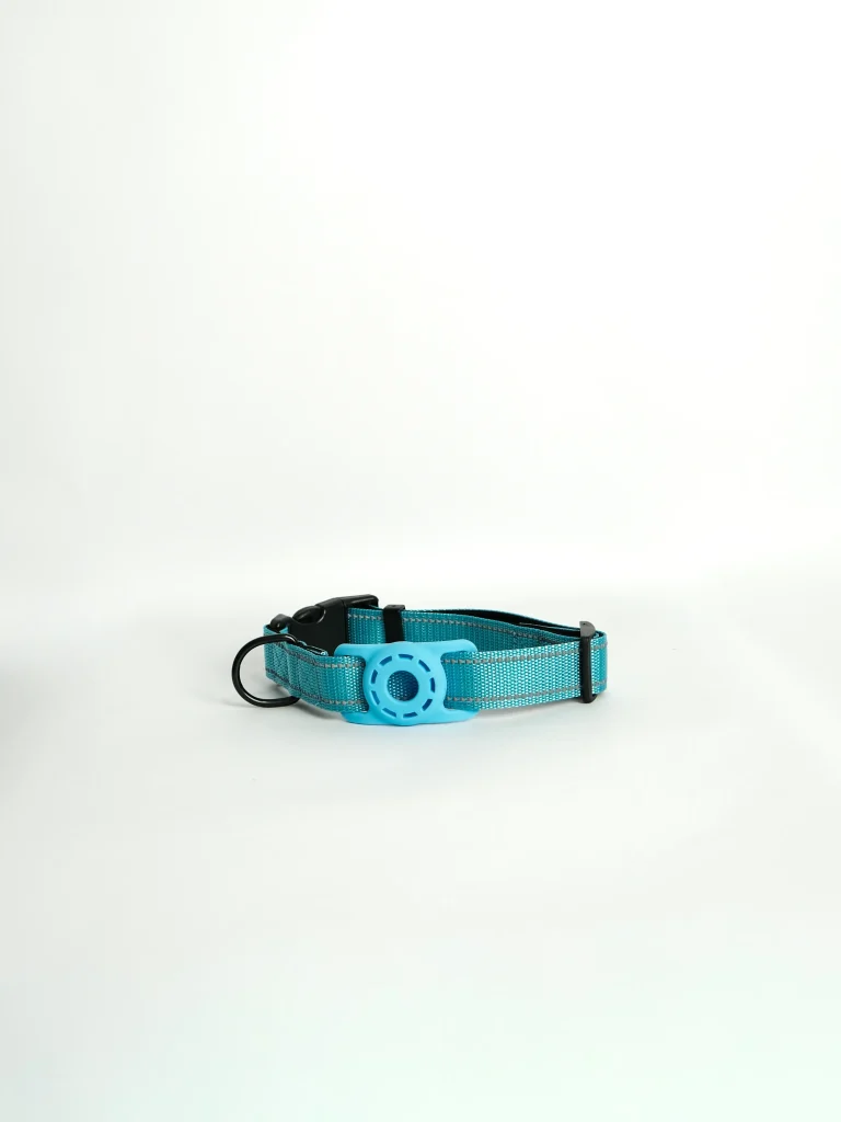 Front view of the blue Apple AirTag Dog Collar, showing the secure integrated holder and durable buckle.