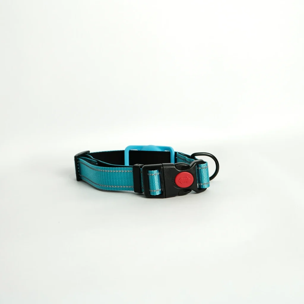 The Furtopia Apple AirTag Dog Collar displayed against a neutral background to show the vibrant blue color.