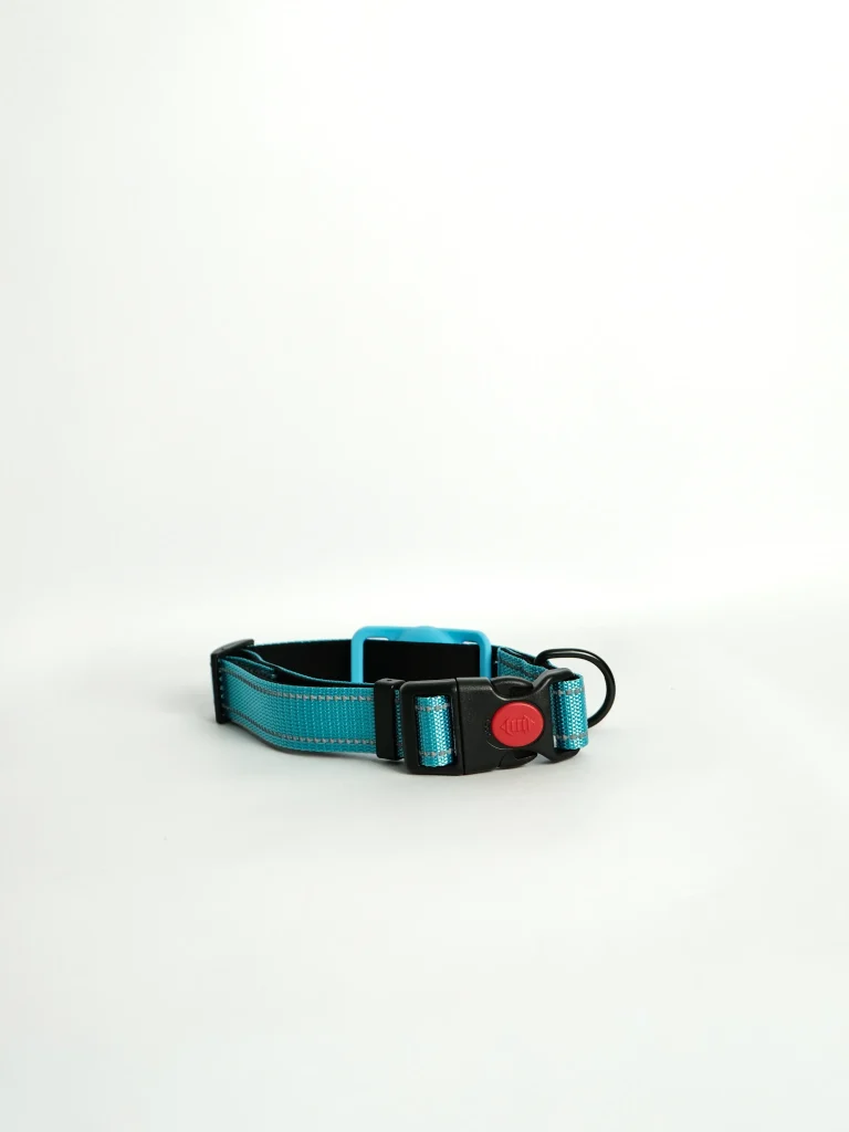 Side profile of the Apple AirTag Dog Collar, illustrating the adjustable strap and sleek, travel-ready design.