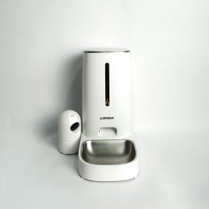 White Furtopia Automatic Pet Feeder with Camera showing the sleek modern design and food dispensing tray.