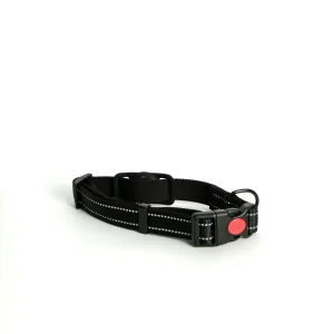 Black Apple AirTag Dog Collar featuring a built-in protective holder for a GPS pet tracker, shown on a plain background.