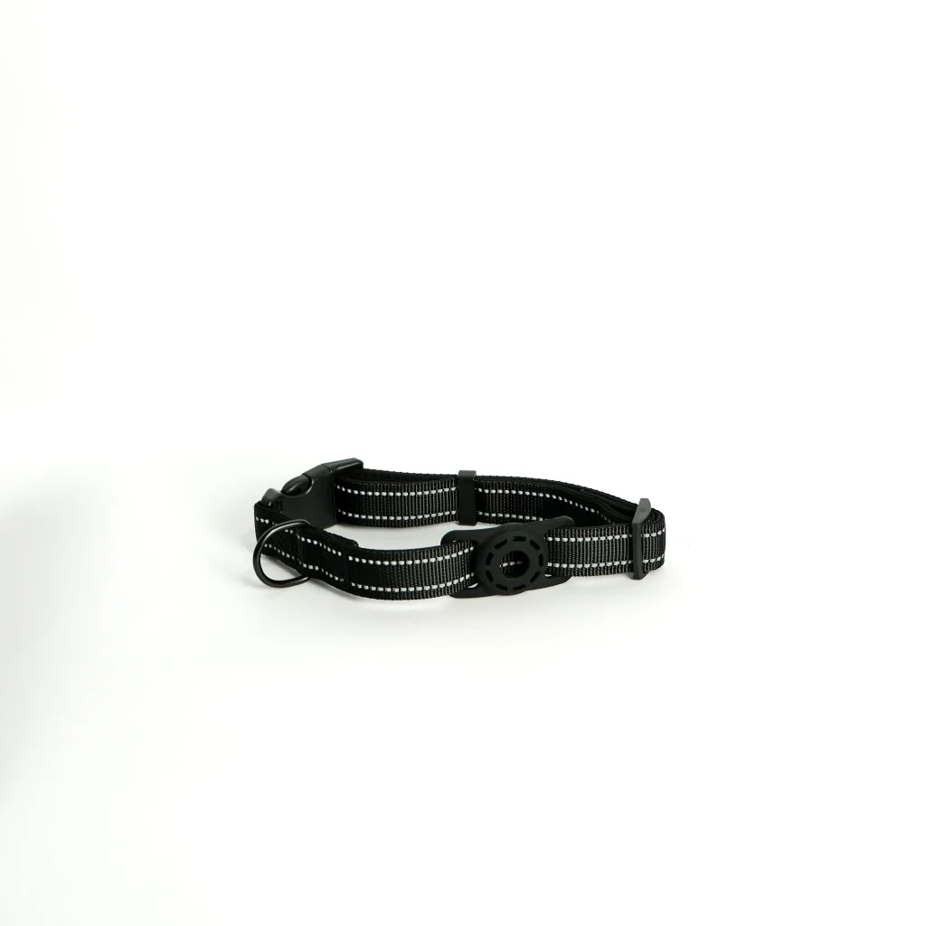 Adjustable Pet Tracker Collar in Black by Furtopia, highlighting the easy-to-clean material and sturdy hardware.